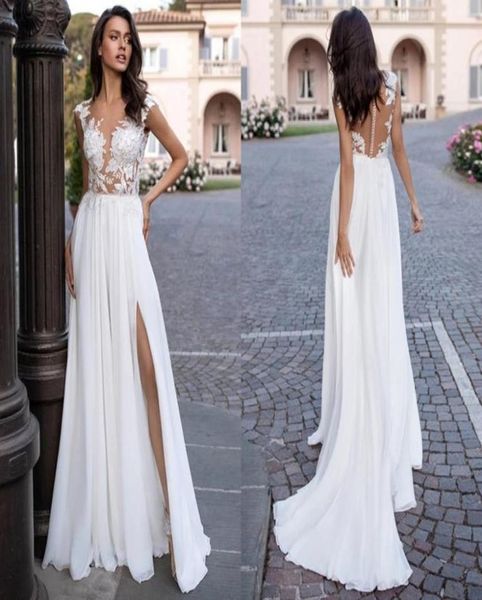 

summer beach boho wedding gowns jewel neck lace appliques cap sleeve bridal dress side slit sweep train chiffon a line robes 2231798, White
