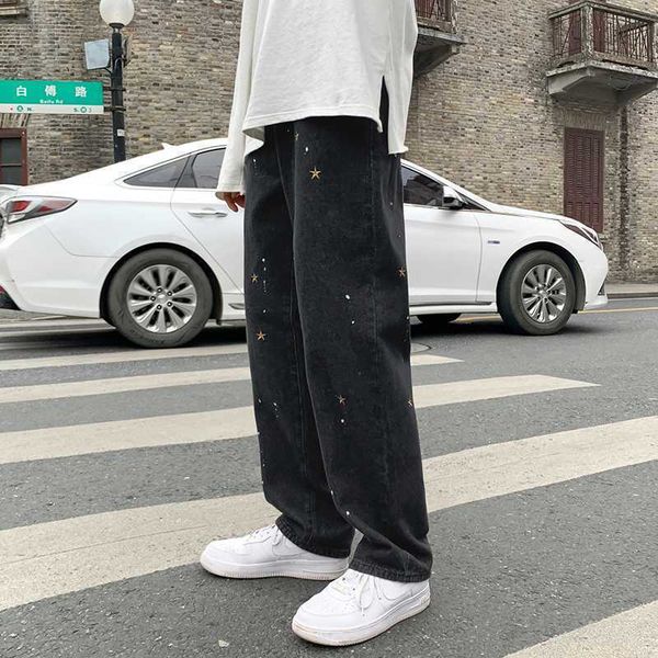 

men's jeans star embroidery black jeans men's fashion brand straight tube loose hiphop fried street over size wide leg pants 21100, Blue