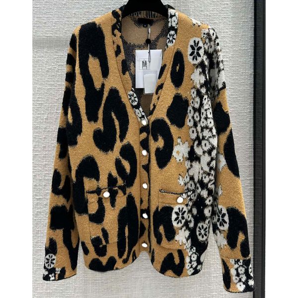 

7.26 temperament leopard v-neck mohair cashmere knitted cardigan women's sweaters, White;black