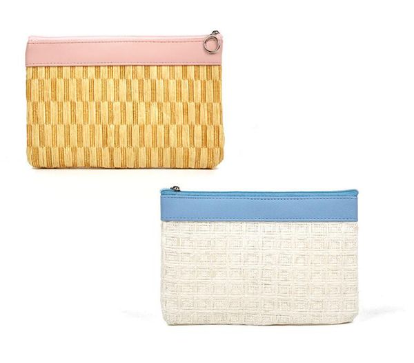 

dhl100pcs cosmetic bags women weave color patchwork large capacity makeup bag blue pink