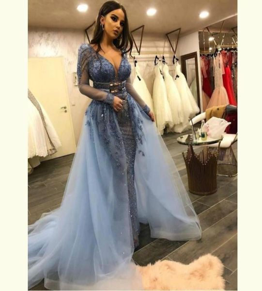 

shinning mermaid prom dresses deep v neck sheer long sleeve evening gowns sequins illusion beaded women formal overskirt part6416554, Black