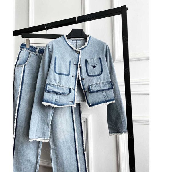 

23ss women pants sets womens designer clothing casual suit vintage wash denim jacket with raw edge wash denim pants with raw edge sets women, White