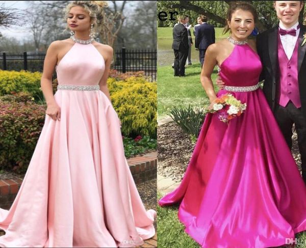 

sleeveless beaded crystal halter neck backless satin pink evening dress vestidos de fiesta long graduation prom dresses 20194962421, Black;red