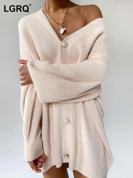 

women's knits tees lgrq loose solid color long sleeve pearl button sweater cardigan 2023 autumn winter casual coat fashion clothes 1982, White