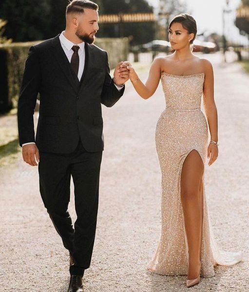 

2022 champagne strapless mermaid evening dresses high side split sequin prom party gowns with big bow robe de soiree vestidos6947974, Black;red