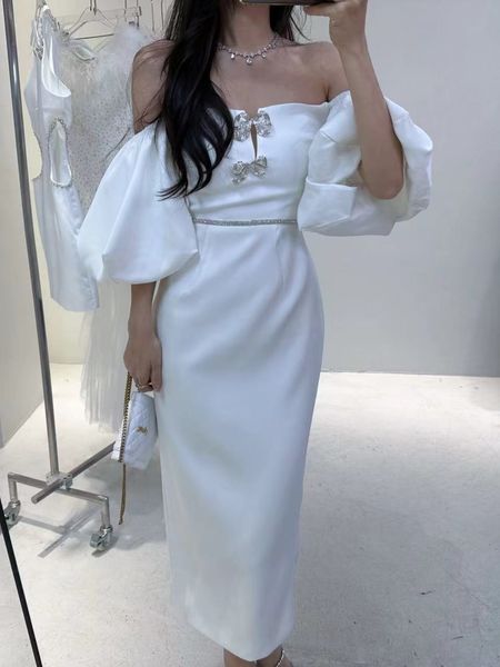 

new- s-elf-portrait white off the shoulder midi dress crepe bow dress for women, Black;gray