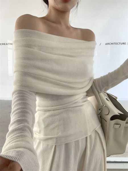 

women's knits tees offtheshoulder french oneshoulder sweater design autumn winter knitt undershirts 230726, White