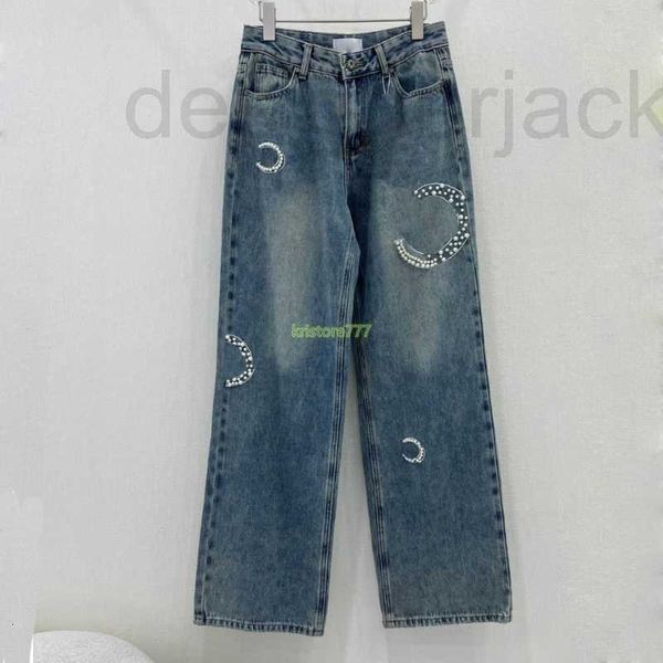 

women's jeans designer pants with letter pearls beads girls cotton high end milan runway brand vintage cowboy casual outwear denim long, Blue