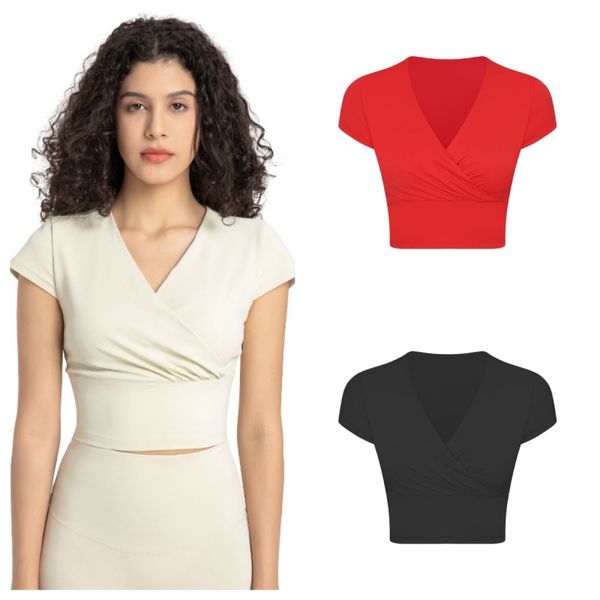 

lulu women's yoga sports short sleeve tight crop t-shirt v-neck yoga top