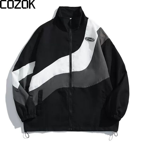 

mens jackets color block hip hop street fashion windbreaker zipper coat couple patchwork spring autumn college outwear 230726, Black;brown