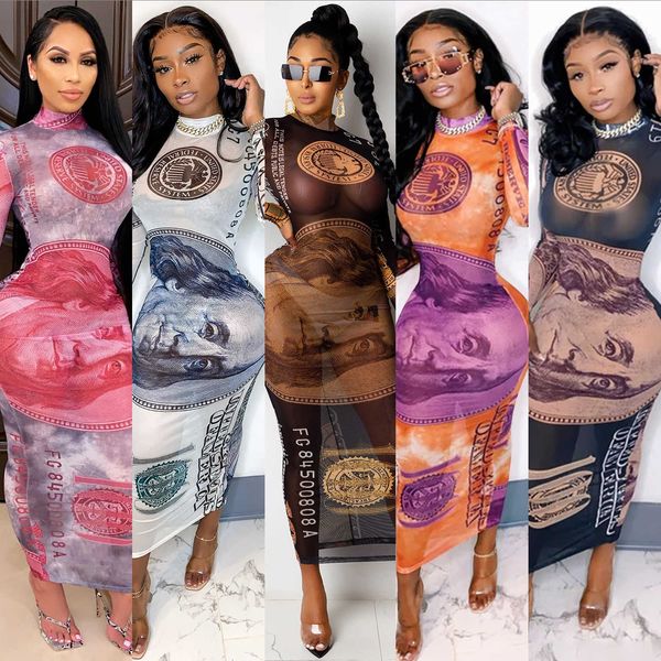 

x3766 new autumn/winter mesh perspective positioning printed dollar dress t230726, Black