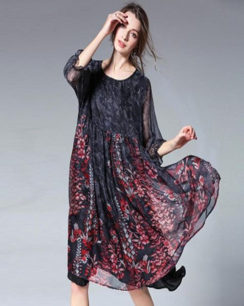 

lady runway dress plus size xl4xl fat women039 dresseslady loose style chiffon vestidos beauty printing big skirts2 colours7500320, Black