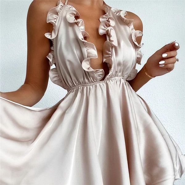 

casual dresses summer beach dress women ruffles sleeveless v neck backless tie-up a-line sundress ladies swing mini vestidos vacation, Black;gray