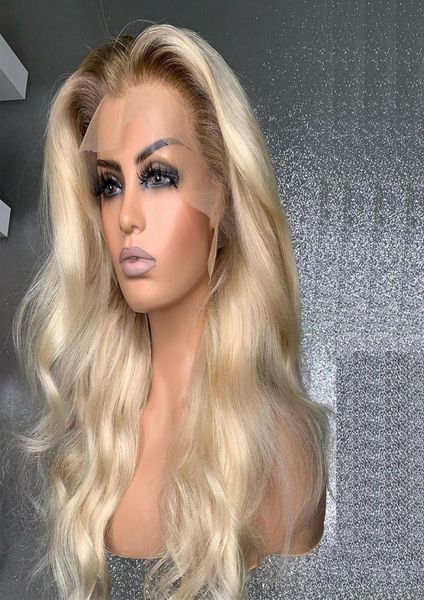 

2021 fashion ombre blonde lace front wig long body wave synthetic wigs for black women preplucked with babyhair high temperature 2879910, Black;brown