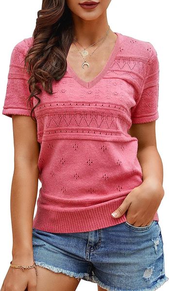 

womens short sleeve sweaters summer soft crew neck dot pullover shirt lightweight knit sweater blouse, White
