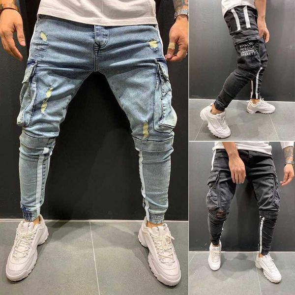 

men's skinny ripped destroyed frayed slim fit denim pants jeans men pant long trouser 230316 l230726, Blue