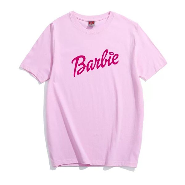 

barbie pink women's solid t-shirt short sleeve letter print pure cotton barbie cloth s-4xl, White