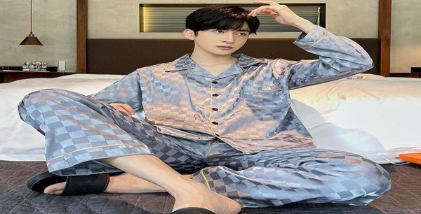 

men039s sleepwear men pajamas set satin silk large size pyjamas spring autumn home clothes plaid nightwear big 4x long sleeve n2518109, Black;brown