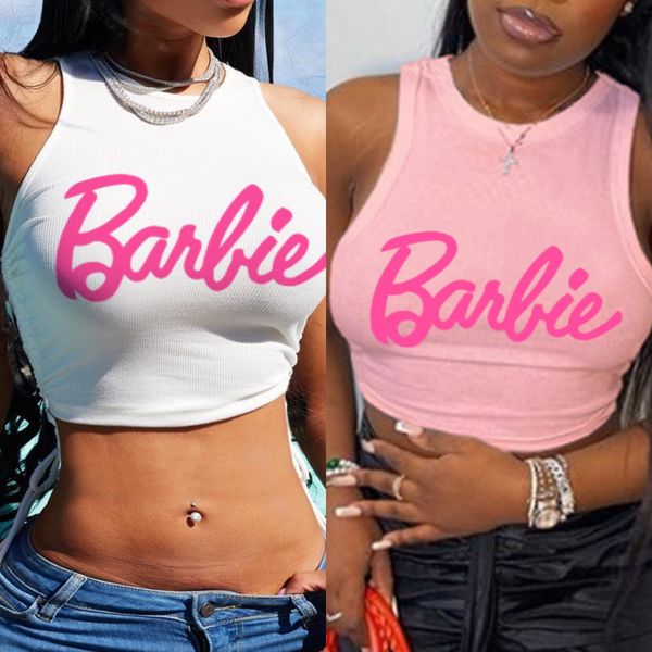 

barbie pink crop girls summers sleeveless camisole vest y2k barbie letter printed ladies slim fashion t-shirt casual tank, White