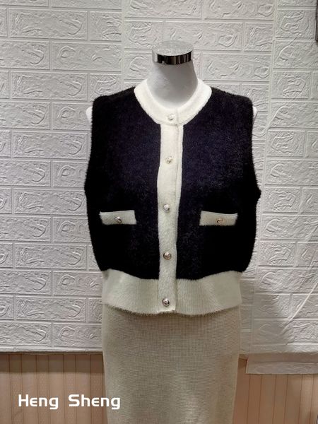 

women's knits tees heng sheng 2023 fall and winter stacked chic faux mink vest female round neck retro singlebreasted knitted cardigan, White
