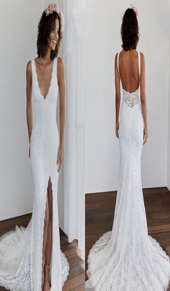 

beach mermaid wedding dresses 2022 vneck backless front slit full lace bohemian summer holiday bridal dress vestidos de novi2448859, White