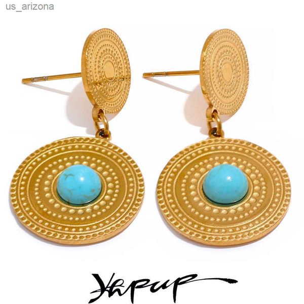 

yhpup trendy stainless steel gold color round geometric drop stylish earrings for women statement charms turquoise basic jewelry l230620, Golden;silver