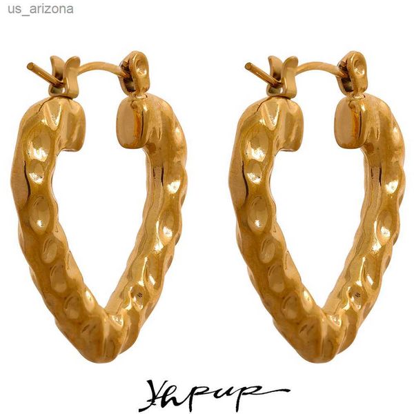 

yhpup 25mm waterproof stainless steel heart hollow huggie hoop earrings for women vintage textured gold color stylish jewelry l230620, Golden;silver