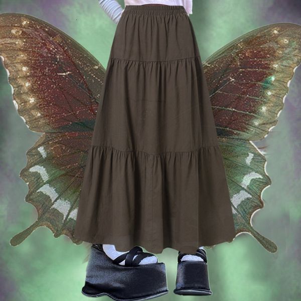 

skirts y2k aesthetic fairycore vintage pleated skirt korean fashion harajuku grunge high waist long skirt retro ramie cotton clothes 230725, Black
