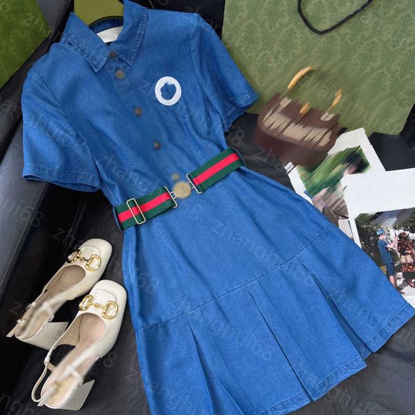 

23ss women dresses summer dress womens designer clothing color contrast logo sticker embroidered short sleeve denim dress with red and blue, Black;gray