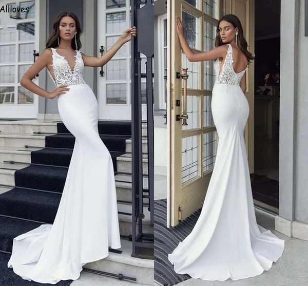 

v neck lace mermaid wedding dresses modern white satin long trumpet boho garden bridal gowns sweep train backless summer beach bride robes d
