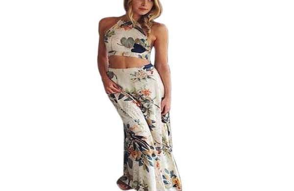 

whole floral print 2 piece dress women summer long maxi dress cross body backless boho halterneck party beach dresses tr8046350, White;black