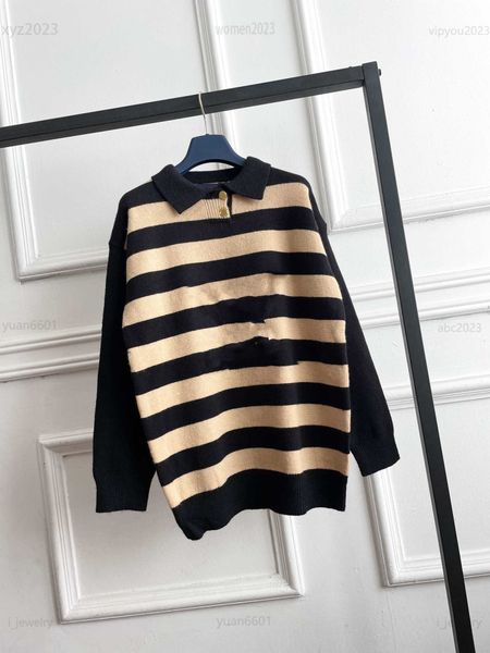 

designer clothes women sweater contrast stripe design pullover size s-l long sleeved lapel knit july22, White