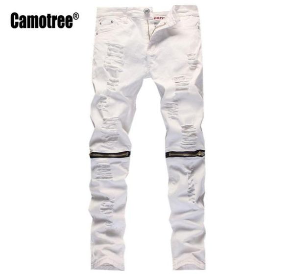 

whole mens designer slim white ripped holes jeans pants skinny biker distressed jeans knee zipper design streetwear2118622, Blue