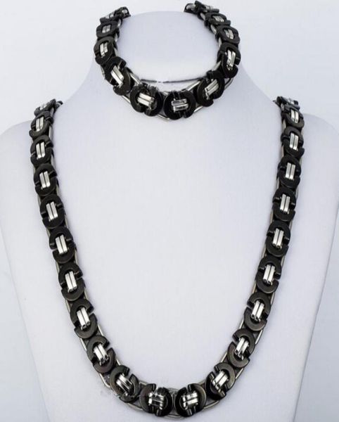 

quality jewlery set 8mm black silver flat byzantine chain necklace bracelet 316l stainless steel for husband father gift 7923412