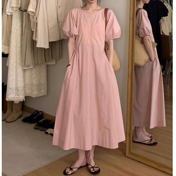 

pingyou pink puff sleeve dress womens summer french break loose slimming long, Black;gray