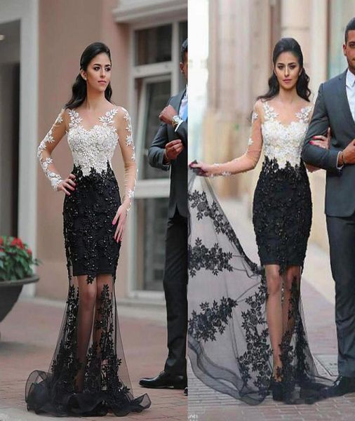 

fantastic tulle bateau neckline mermaid formal dresses with beaded lace appliques see through long sleeves prom dress6400089, Black