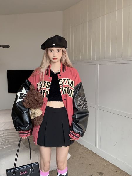 

womens jackets trend flocking embroidery baseball jacket women american vintage street fashion loose allmatch pink jackets casual sweet coat, Black;brown