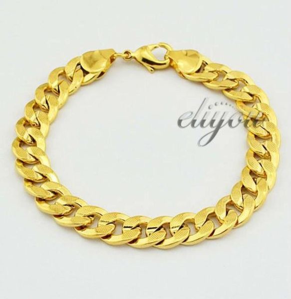 

new fashion jewelry 9mm mens womens frosted curb cuban chain 18k yellow gold filled bracelet gold jewellery djb814826054, Golden;silver