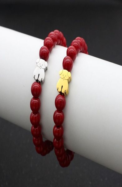 

natural stone elasticity strands beaded bracelets for women men lovely stainless steel little bear charm bracelet couples friendsh4655525, Black