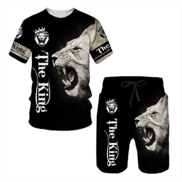 

2023 men's set 3d lion animal pattern printing new shorts short sleeve set, Gray