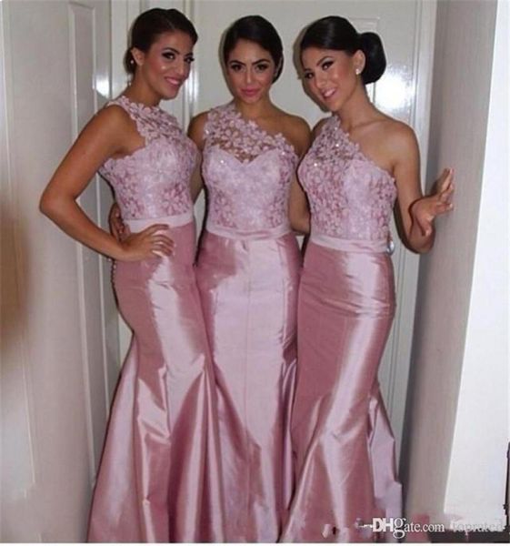 

2020 pink lace formal mermaid bridesmaid dresses one shoulder sleeveless sweep train wedding guest dress custom made maid of honor6377457, White;pink