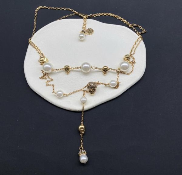 

new designed dangle pearl tassel ladies earrings asymmetric skull skeleton micro inlays diamonds women double layer beetle necklac6052506, Silver