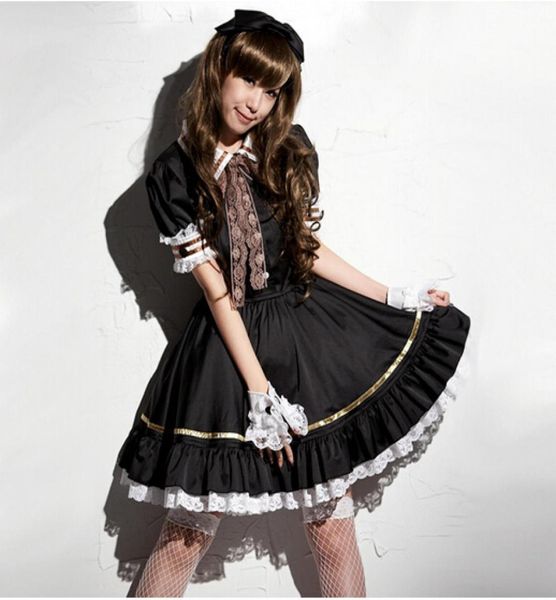

shanghai story japanese sweet maid dress cosplay maid costume cute lolita apron dress set service costume black3894234, Black;red