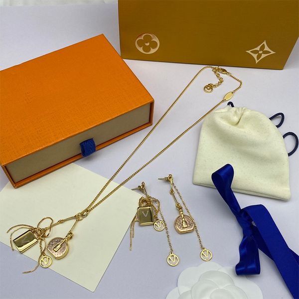 

long pendant jewelry set metal handbag lock pendant women 18k gold plated necklace earrings classic luxury brand headdress, Silver