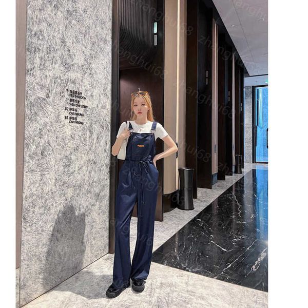 

23ss womens designer clothing women jumpsuits leather logo large pocket waist drawstring denim overalls women clothes a1, Black;white