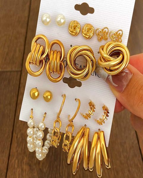 

pearl ed charm ins fashion personality exaggerated circle geometric earrings six piece set4601321, Golden