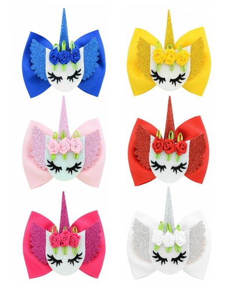 

6pcslot lovely eyes bowknot hairgrips boutique ribbon hair bow with unicorn horn hair clips kids hairpins for girls 8767333736, Slivery;white