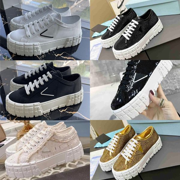 

designer shoes double wheel sneaker gabardine shoe platform sneakers nylon trainers triangle embellished rhinestone loafer low-trainer outdo, Black