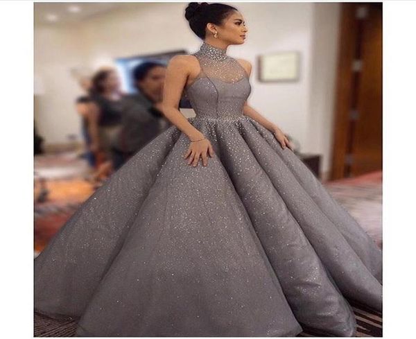 

bling bling shiny evening dresses ball gown beaded sheer high neck ruffle skirt sequins floor length prom gowns2485366, Black;red