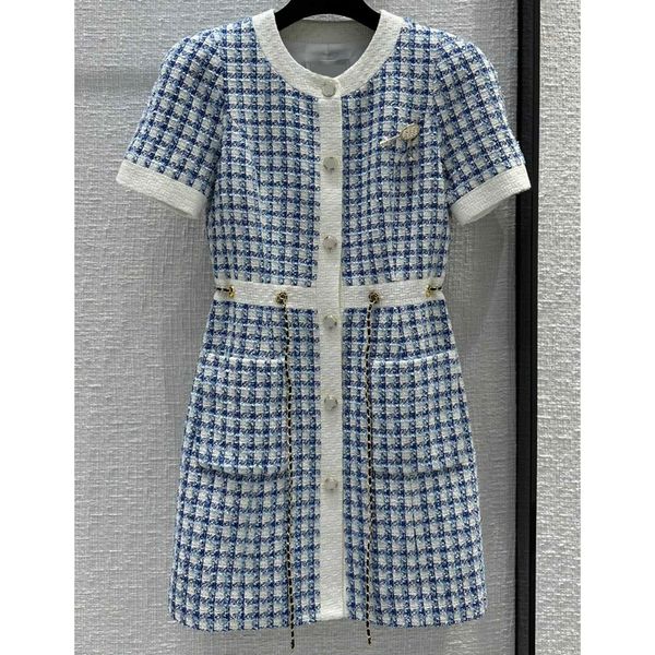 

7.26 temperament crew neck short sleeve chains belt collect waist plaid tweed a-line dress women, Black;gray